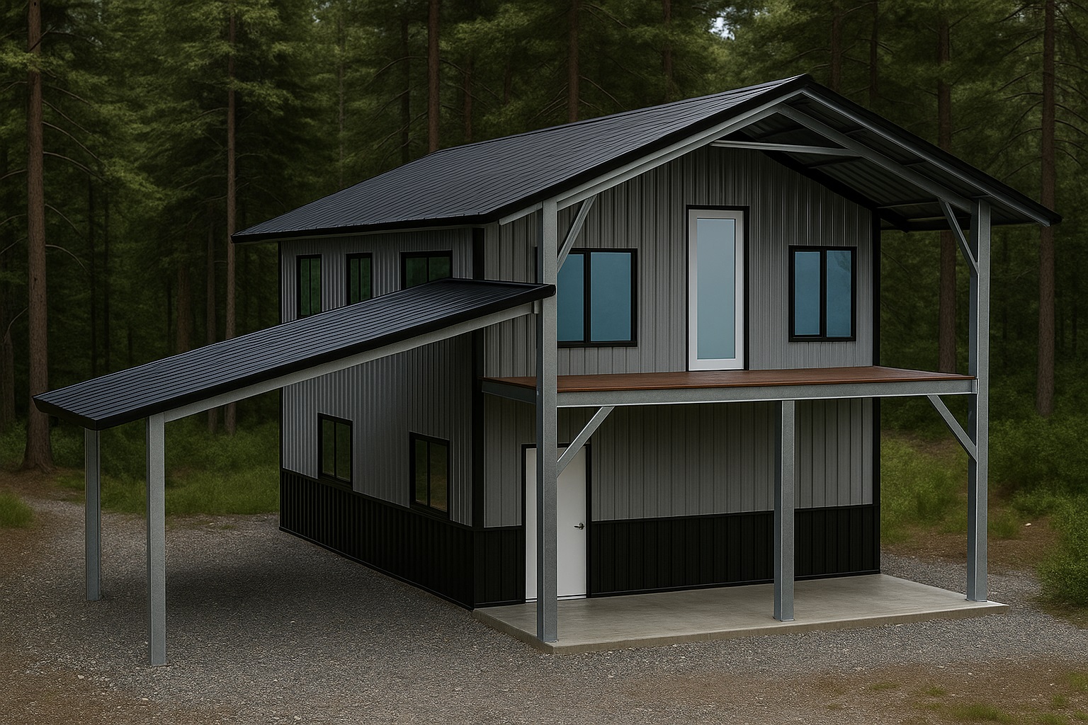 Rendering of the 20 x 30 Gable Roof Two Story Barndominium Kit with Front Porch and Leanto